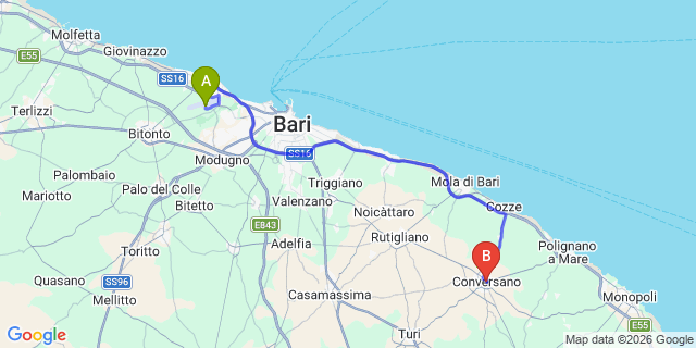 Map: Bari Airport (BRI) to Conversano