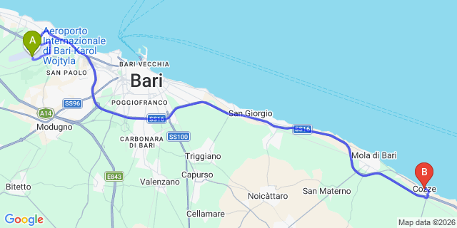 Map: Bari Airport (BRI) to Cozze