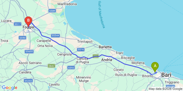 Map: Bari Airport (BRI) to Foggia