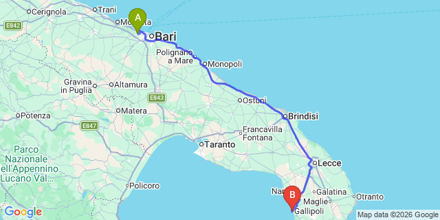 Map: Bari Airport (BRI) to Gallipoli