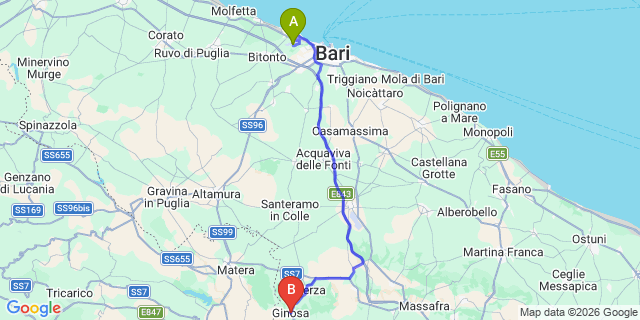 Map: Bari Airport (BRI) to Ginosa
