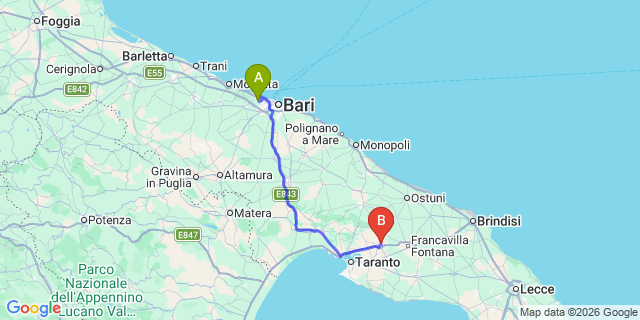 Map: Bari Airport (BRI) to Grottaglie