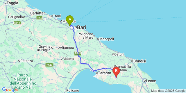 Map: Bari Airport (BRI) to Manduria