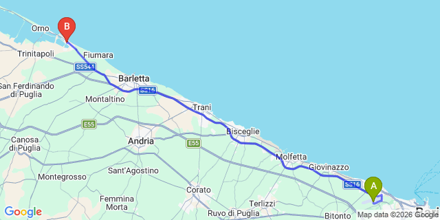 Map: Bari Airport (BRI) to Margherita di Savoia