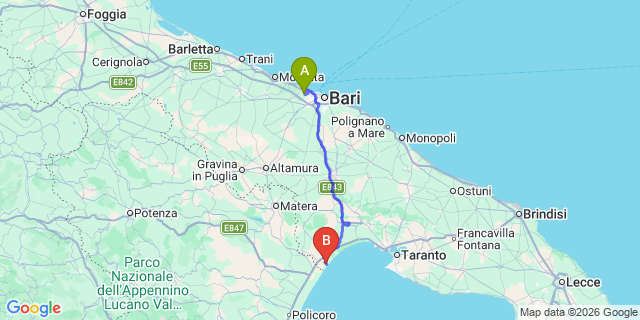 Map: Bari Airport (BRI) to Marina di Ginosa