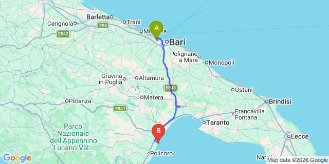 Map: Bari Airport (BRI) to Marina di Pisticci