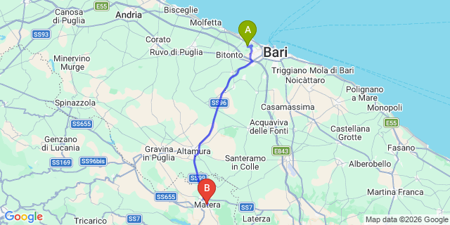 Map: Bari Airport (BRI) to Matera