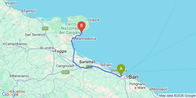 Map: Bari Airport (BRI) to Mattinata