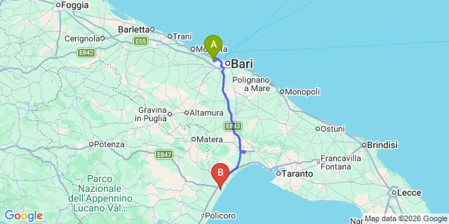 Map: Bari Airport (BRI) to Metaponto