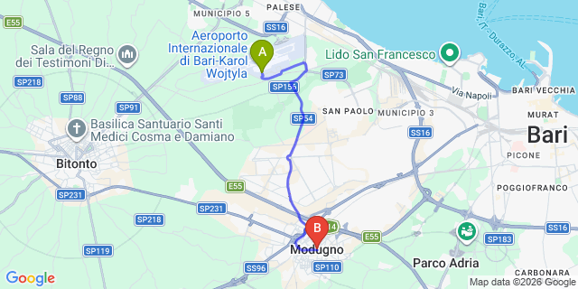 Map: Bari Airport (BRI) to Modugno