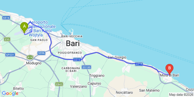 Map: Bari Airport (BRI) to Mola di Bari