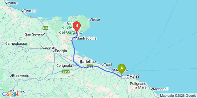 Map: Bari Airport (BRI) to Monte Sant’Angelo