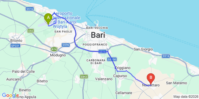 Map: Bari Airport (BRI) to Noicattaro