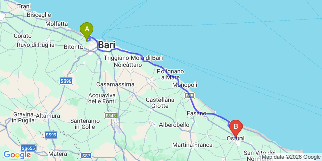 Map: Bari Airport (BRI) to Ostuni