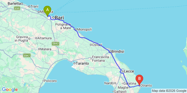 Map: Bari Airport (BRI) to Otranto
