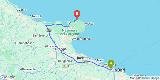 Map: Bari Airport (BRI) to Peschici