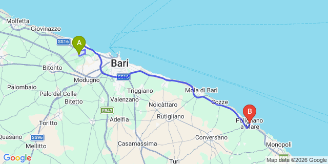 Map: Bari Airport (BRI) to Polignano a Mare