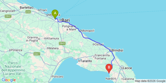 Map: Bari Airport (BRI) to Porto Cesareo