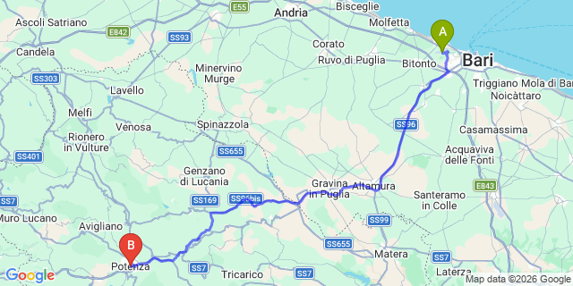 Map: Bari Airport (BRI) to Potenza