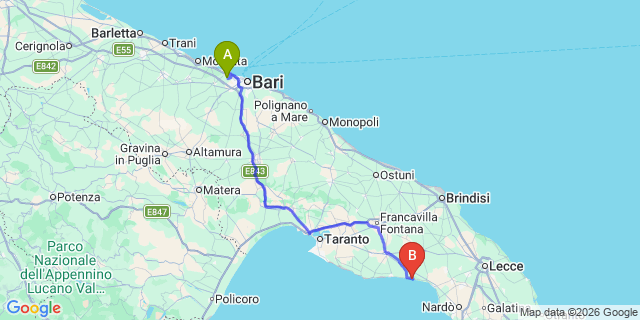 Map: Bari Airport (BRI) to Punta Prosciutto
