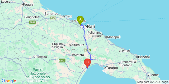 Map: Bari Airport (BRI) to Riva dei Tessali