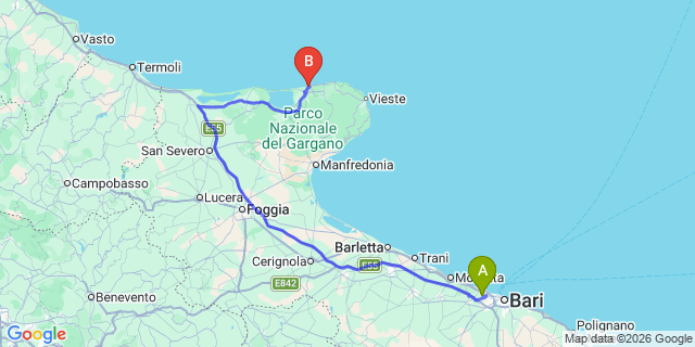 Map: Bari Airport (BRI) to Rodi Garganico