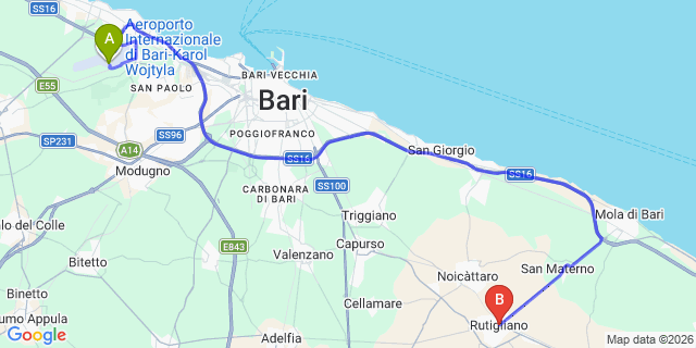 Map: Bari Airport (BRI) to Rutigliano
