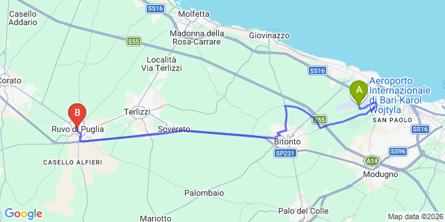 Map: Bari Airport (BRI) to Ruvo di Puglia