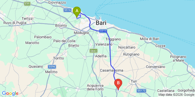 Map: Bari Airport (BRI) to Sammichele di Bari