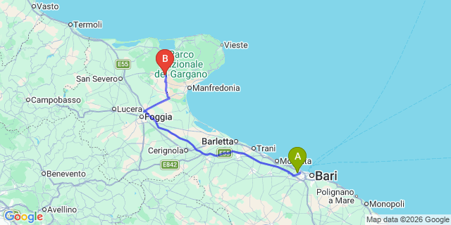 Map: Bari Airport (BRI) to San Giovanni Rotondo
