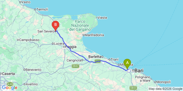 Map: Bari Airport (BRI) to San Severo