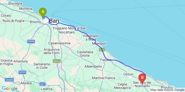 Map: Bari Airport (BRI) to San Vito dei Normanni