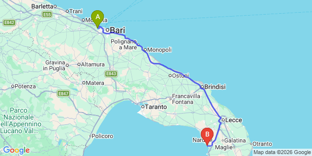 Map: Bari Airport (BRI) to Santa Maria al Bagno