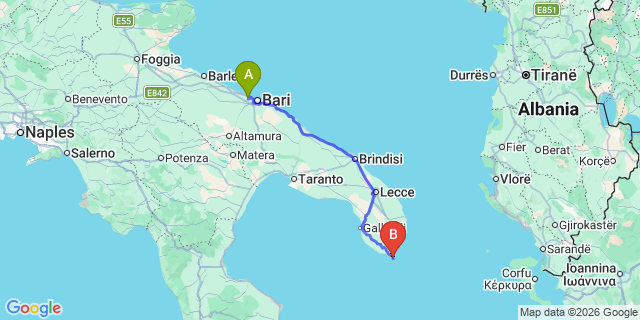 Map: Bari Airport (BRI) to Santa Maria di Leuca