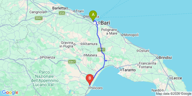 Map: Bari Airport (BRI) to Scanzano Jonico