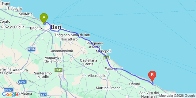 Map: Bari Airport (BRI) to Specchiolla