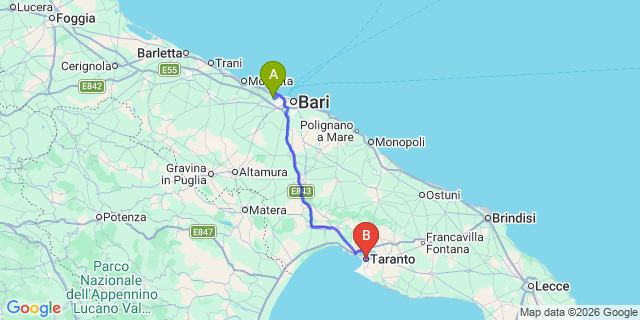 Map: Bari Airport (BRI) to Taranto