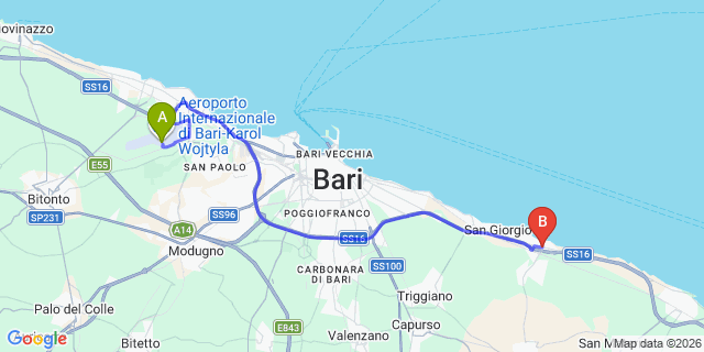 Map: Bari Airport (BRI) to Torre a Mare