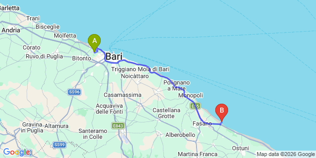 Map: Bari Airport (BRI) to Torre Canne