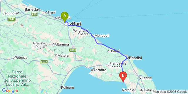 Map: Bari Airport (BRI) to Torre Lapillo