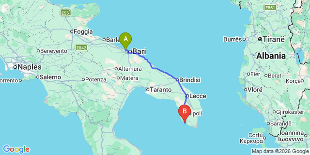 Map: Bari Airport (BRI) to Torre San Giovanni