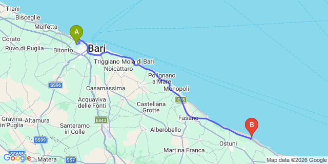 Map: Bari Airport (BRI) to Torre Santa Sabina