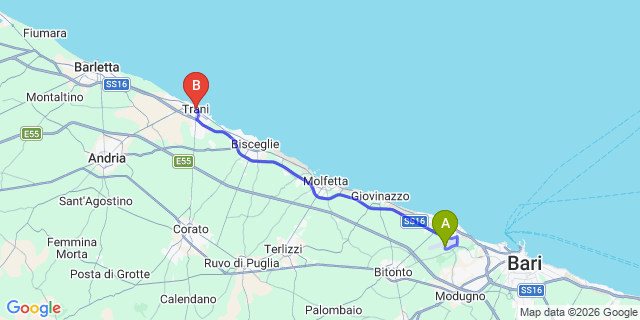 Map: Bari Airport (BRI) to Trani