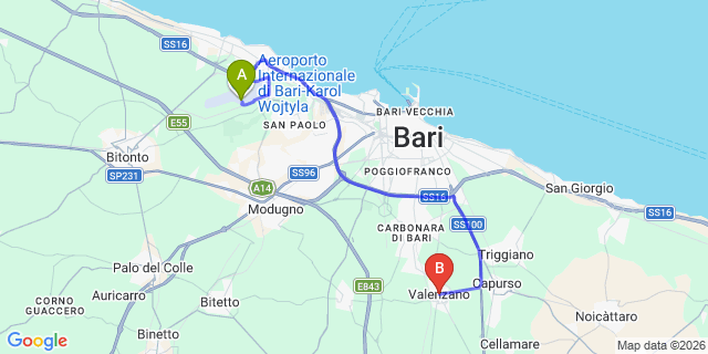 Map: Bari Airport (BRI) to Valenzano