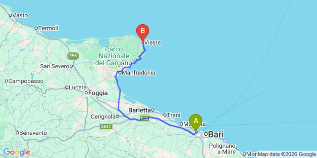 Map: Bari Airport (BRI) to Vieste