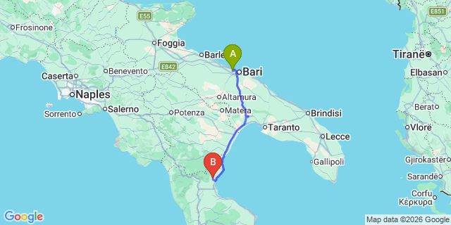 Map: Bari Airport (BRI) to Villapiana