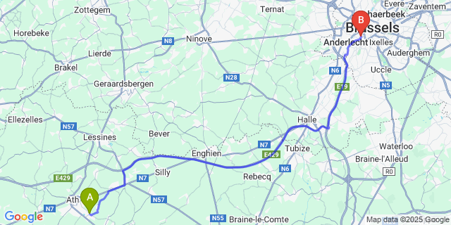 Map: Brussels Midi Train Station to Maffle