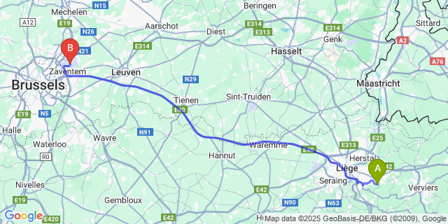 Map: Brussels Zaventem Airport (BRU) to Magnée
