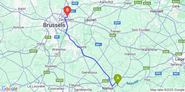 Map: Brussels Zaventem Airport (BRU) to Marche-Les-Dames