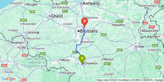 Map: Brussels Zaventem Airport (BRU) to Marcinelle